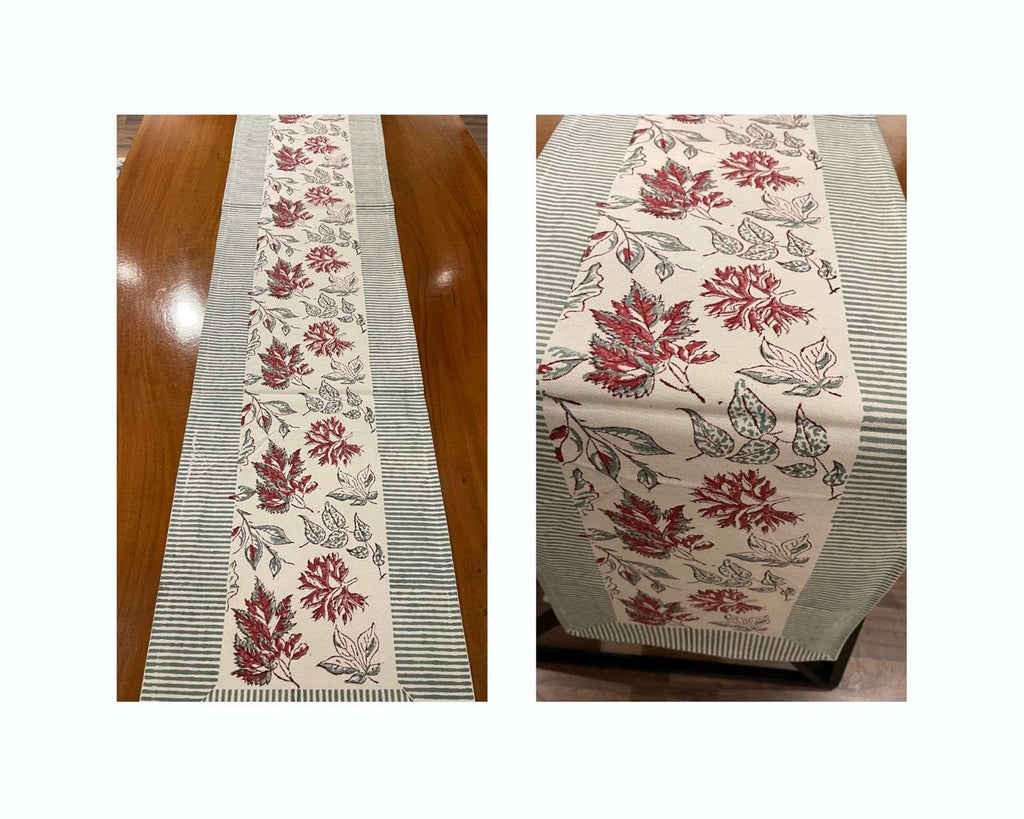 Burgundy & Slate Blue handmade 13-piece cotton table linen set | handmade Jaipur handicraft table runners table mats napkins hand block India natural colors aesthetics | House of Avana [[SKU:HOA-TR-BUSB-005]]