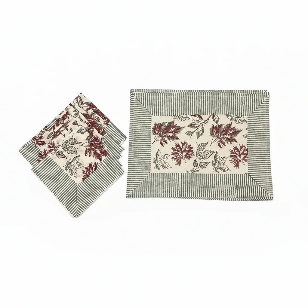 Burgundy & Slate Blue handmade 13-piece cotton table linen set | Jaipur handicraft aesthetics handmade table runners napkins table mats India natural colors hand block | House of Avana