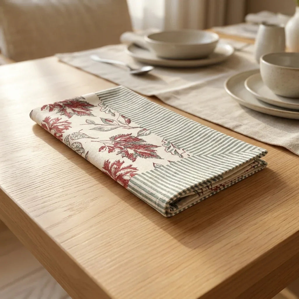 Burgundy & Slate Blue cotton napkin spread open on table | hand block printed table runners napkins table mats Jaipur handmade handicraft India natural colors | House of Avana
