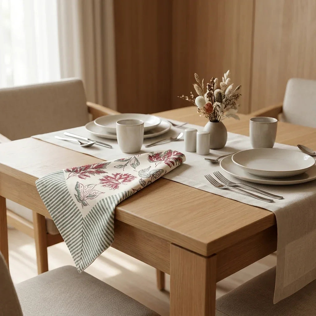 Burgundy & Slate Blue cotton napkin spread open on table | handmade Jaipur handicraft table runners table mats napkins hand block India natural colors aesthetics | House of Avana