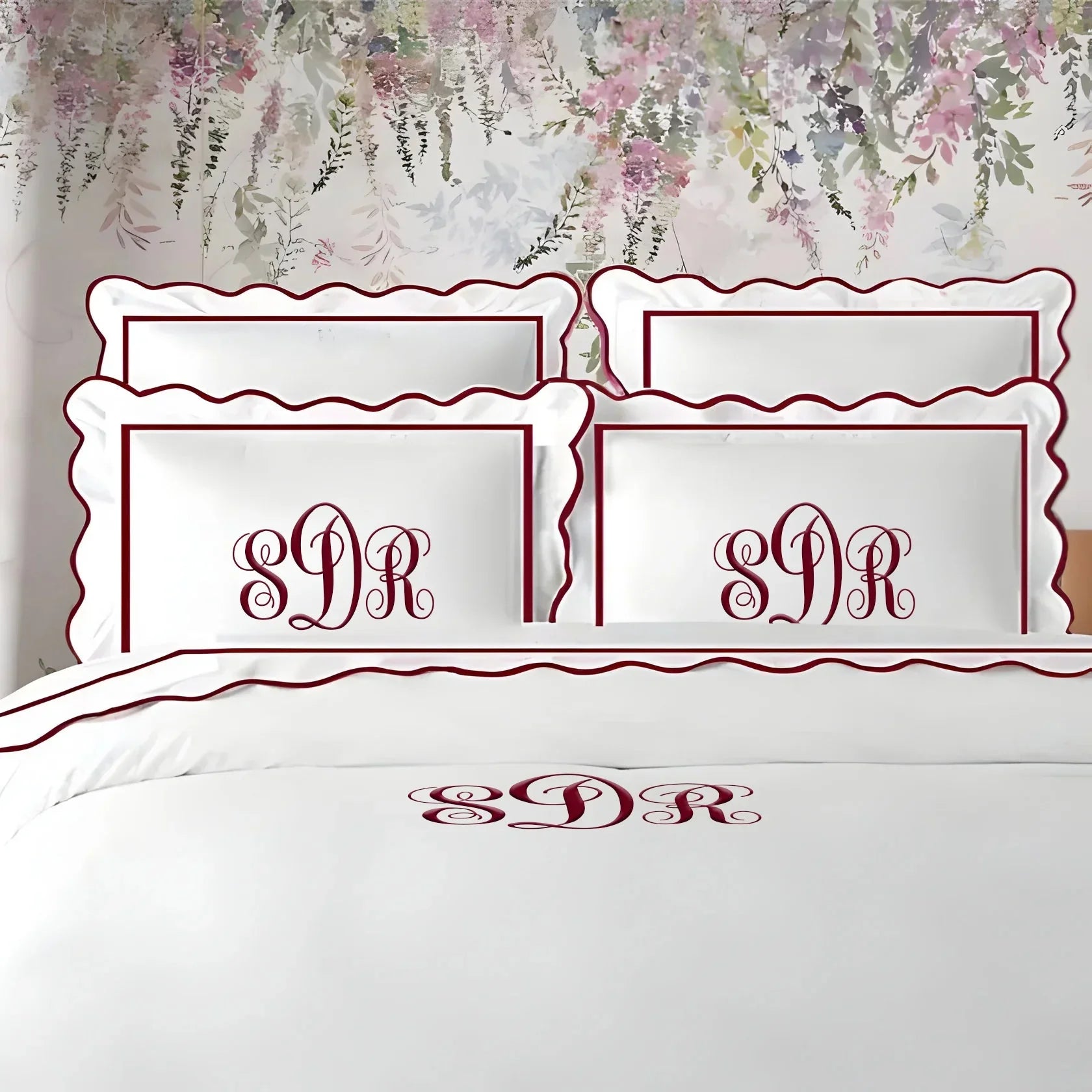 Monogram 400TC Cotton Scallop Embroidery & Border Sateen Solid Duvet Cover Set PushpLinen