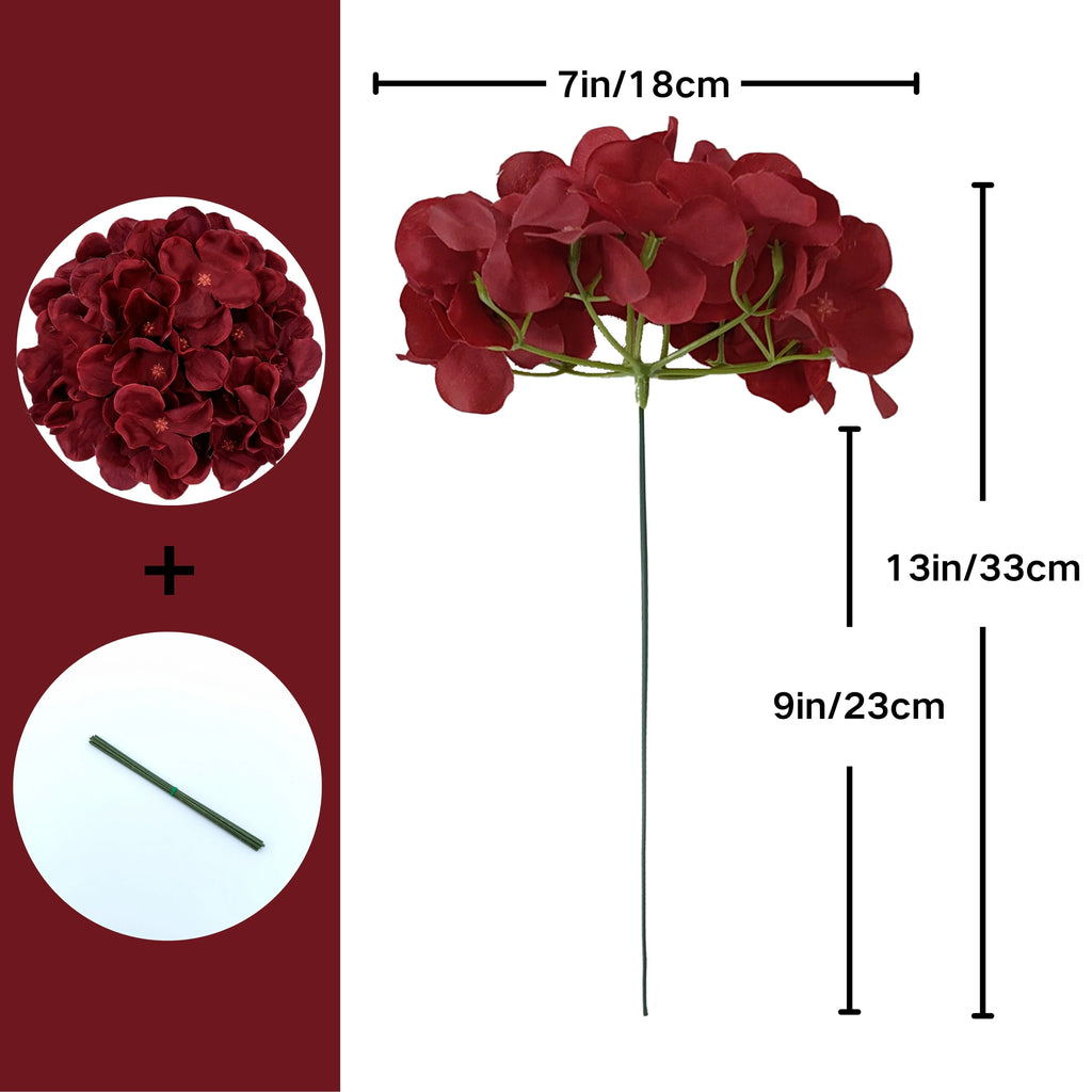 Burgundy Silk Hydrangea Heads with Wire Stems, Pieces - House Of Avana