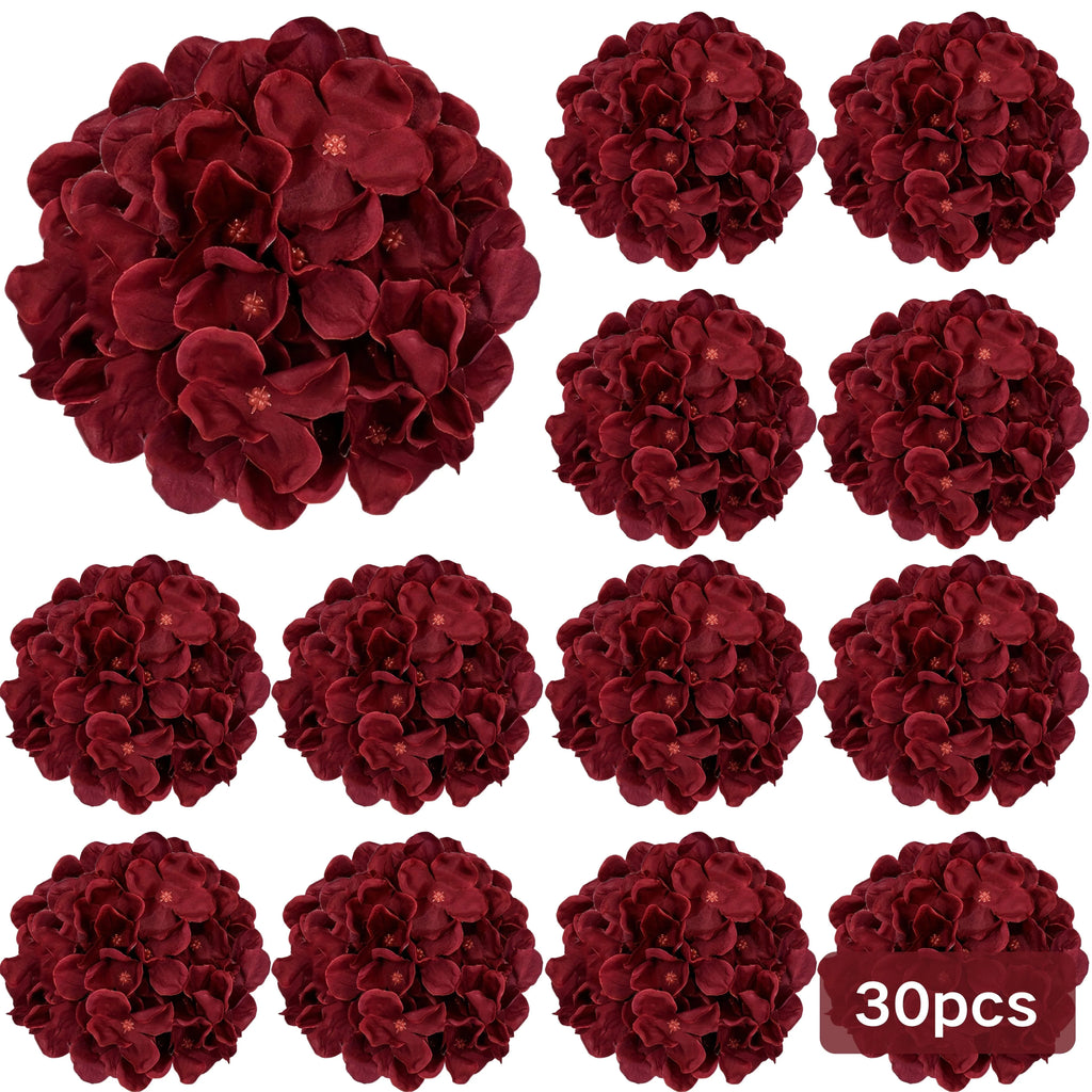 Burgundy Silk Hydrangea Heads with Wire Stems, Pieces - House Of Avana