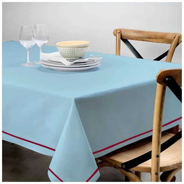 Single Embroidery Border Sateen Cotton Solid Table Cloth - Light Blue PushpLinen