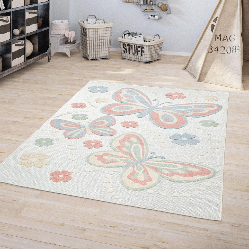 Kids Rug Tweet Colorful Playmat with Butterflies - Beige Cream RugYourHome