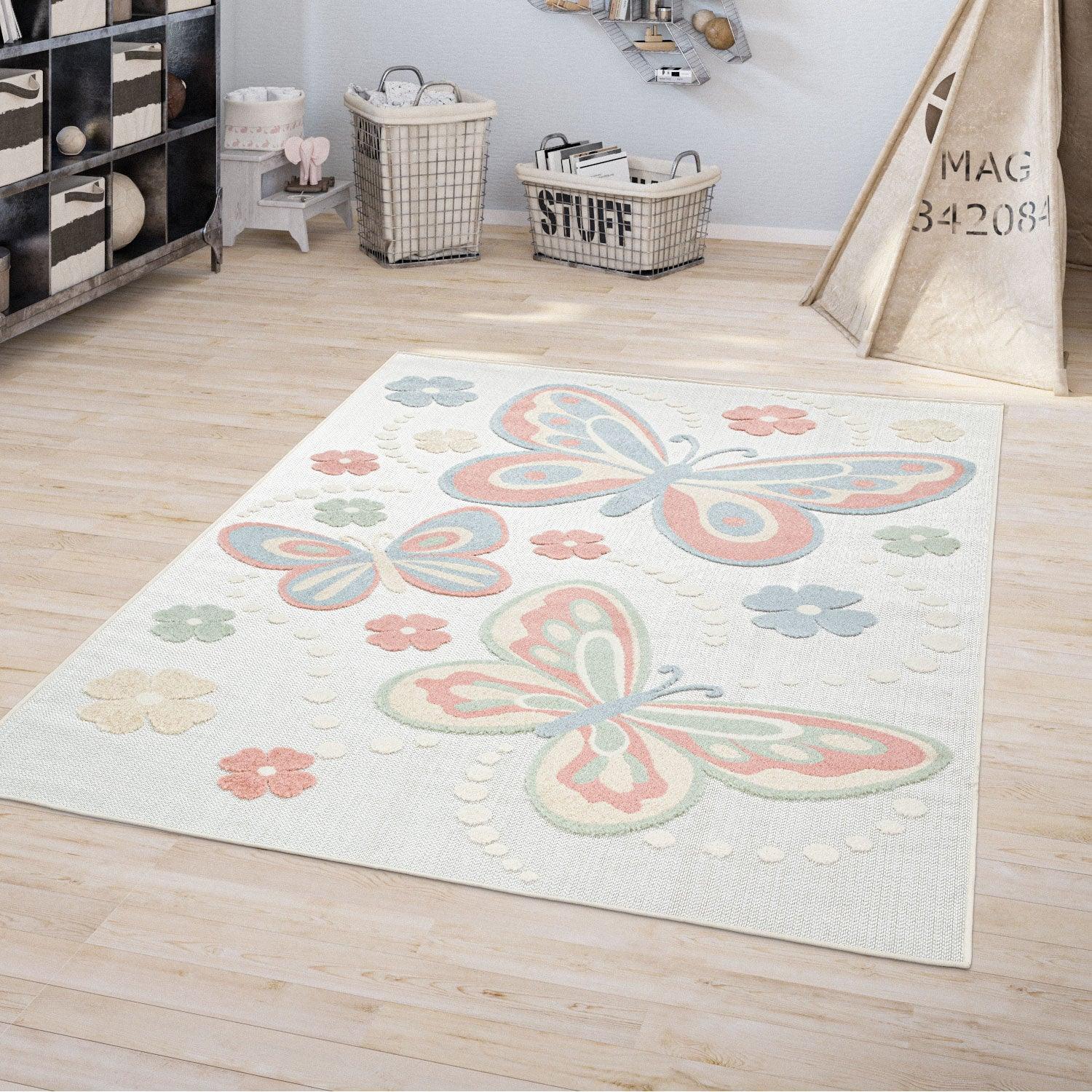 Kids Rug Tweet Colorful Playmat with Butterflies - Beige Cream RugYourHome