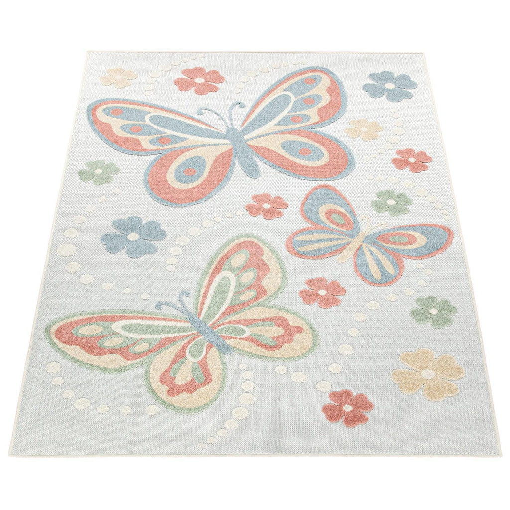 Kids Rug Tweet Colorful Playmat with Butterflies - Beige Cream RugYourHome