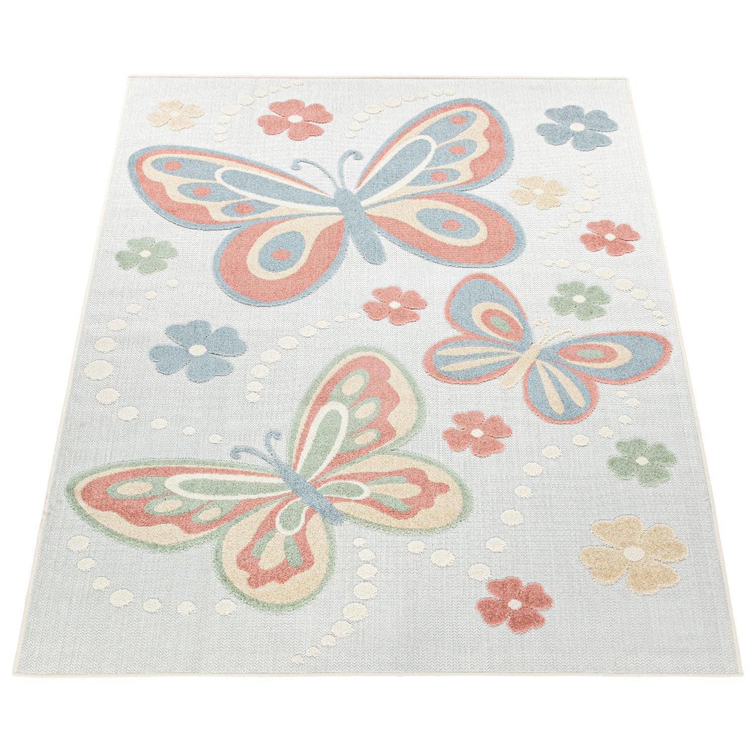 Kids Rug Tweet Colorful Playmat with Butterflies - Beige Cream RugYourHome