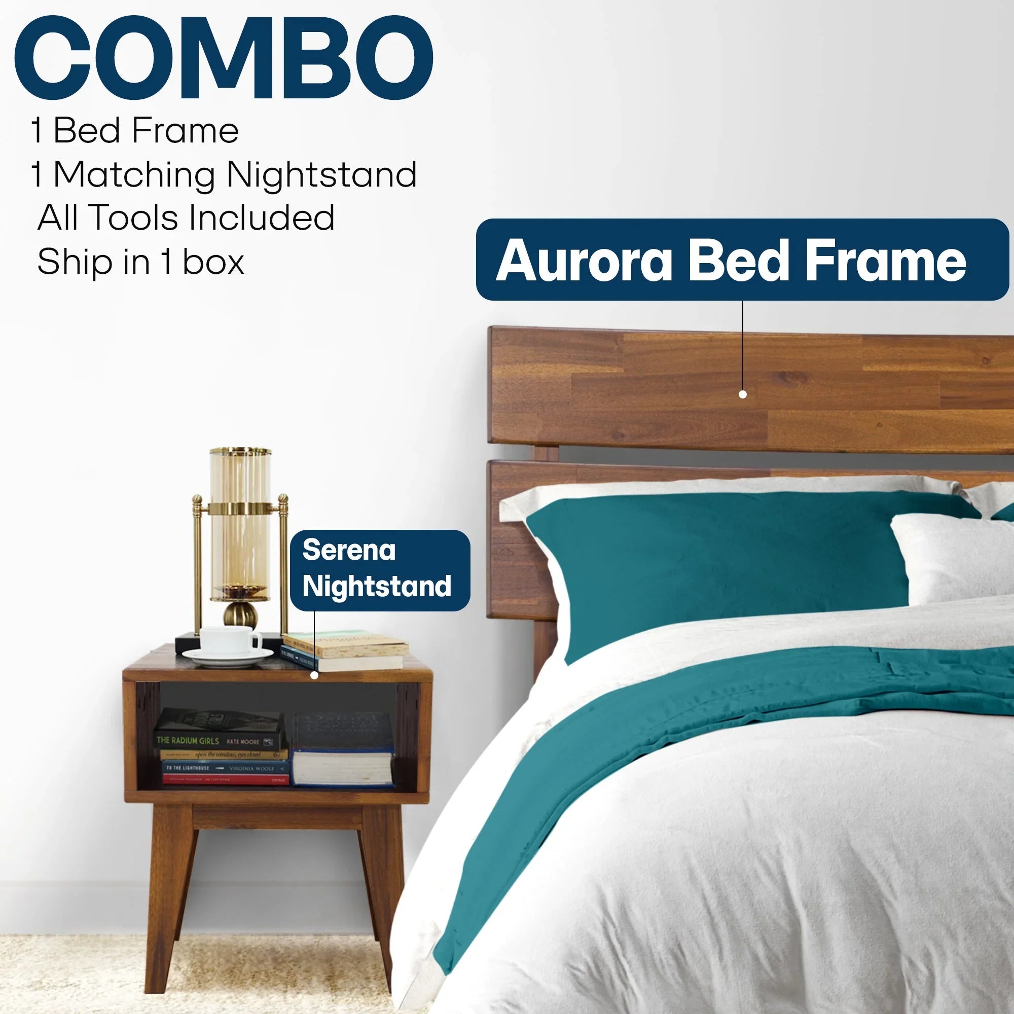 [Buy 1 Get 1] Aurora Solid Wood Bed Frame & Nightstand