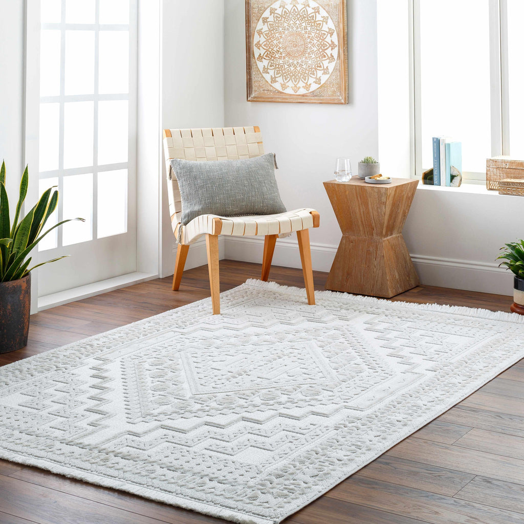 Alya White Fringe Rug Hauteloom