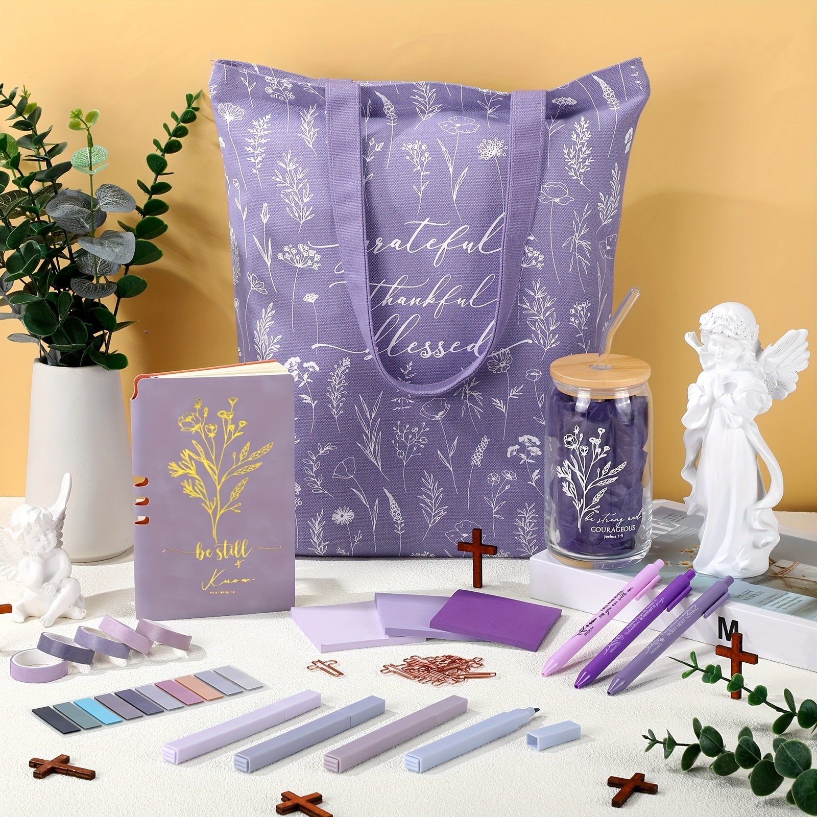 29pcs Bible Journaling Kit 16oz Glass Cup Canvas Bag Leather Notebook Highlighters And Pens Sticky Note Tapes Gift Bible Study Supplies for Teacher Women Men Party Packs (Boho, Purple) House Of Avana