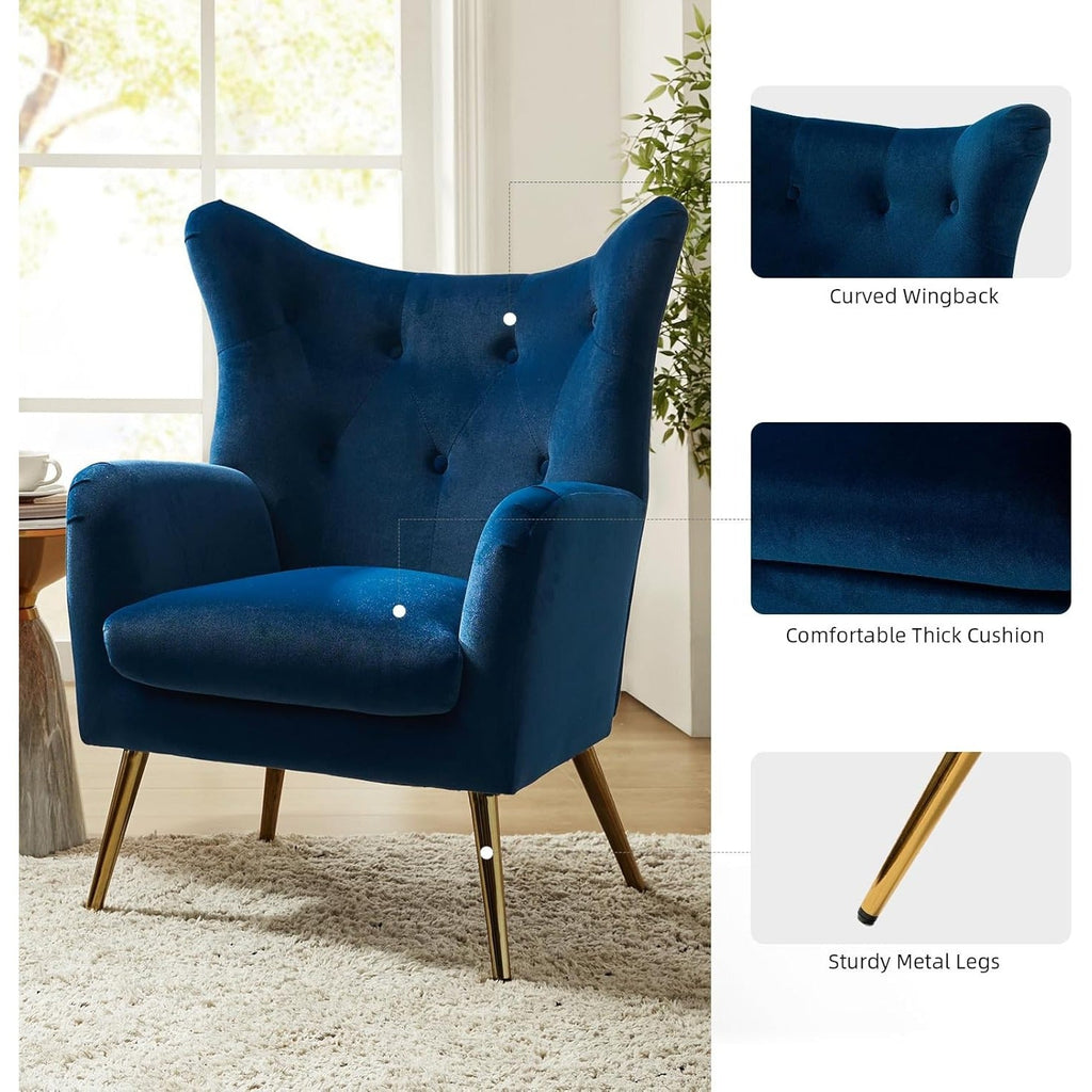 1pc Modern Velvet Wingback Arm Chair with Golden Metal Legs - Tufted Upholstered Accent Chair in Blue/Yellow, Wood Frame, Perfect for Living Room, Bedroom, or Dining Room, Chair for Living Room House Of Avana
