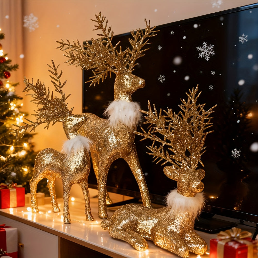 3pcs Golden Christmas Reindeer Statue Ornaments, Holiday Decor with Antler Shaped Branches for Tabletop Display - Perfect Gift Box Filler and Shelf or Mantelpiece Accent, Festive Decorations, Decorative Ornaments, Detailed Cr House Of Avana