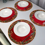 4pcs Red & Golden Round Placemats - Elegant Burgundy Golden Green Leaf Pattern Table Mats, Non-Toxic Durable Polyester 38.1 cm for Christmas Dinner Party, Wedding, Banquet, Holiday Table Decorations (Hand Wash Only), Christma House Of Avana