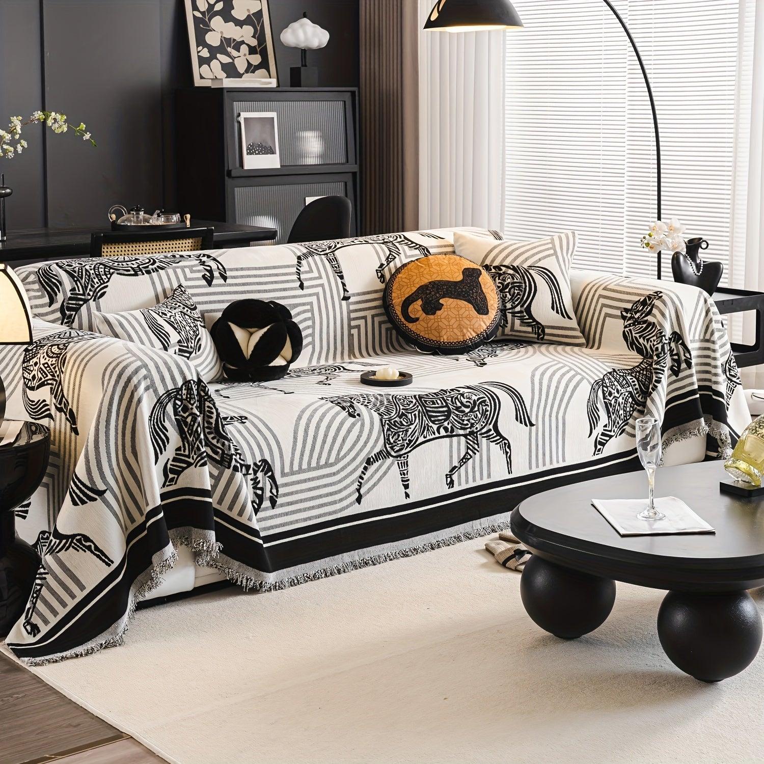 Luxurious Chenille Horse Design Sofa Cover Decor in Orange & Green topspet