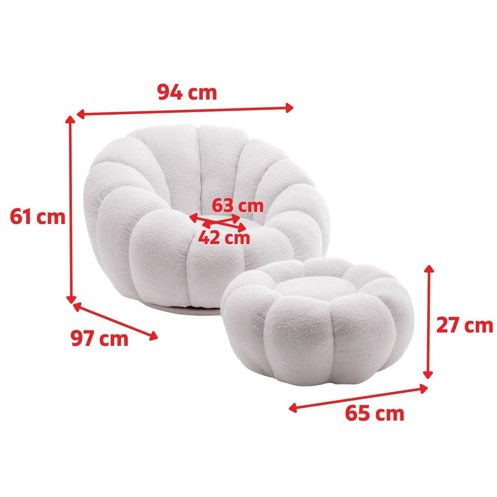 Teddy Boucle Fabric White 1 Seater Swivel Sofa with Footstool MIRIELLE House Of Avana