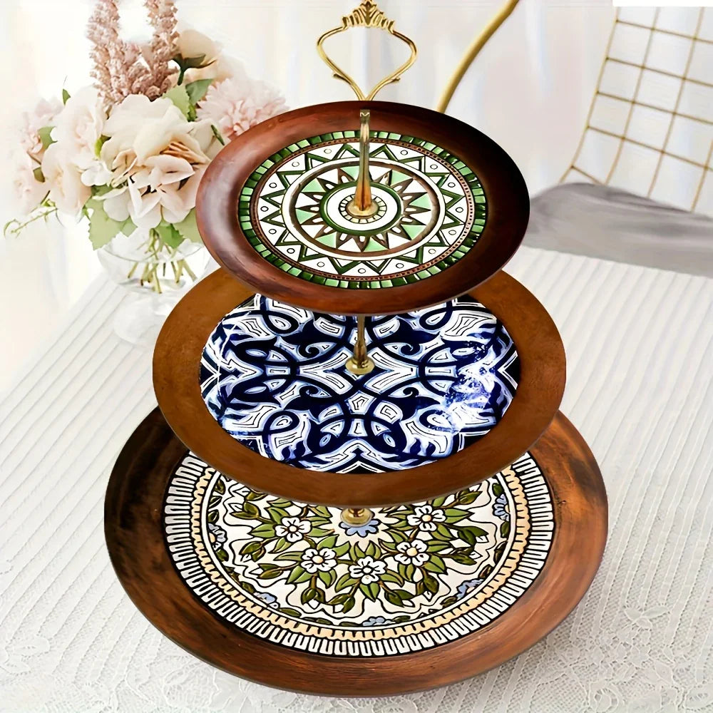 Wood Display Stand - 3-Tier Floral Pattern