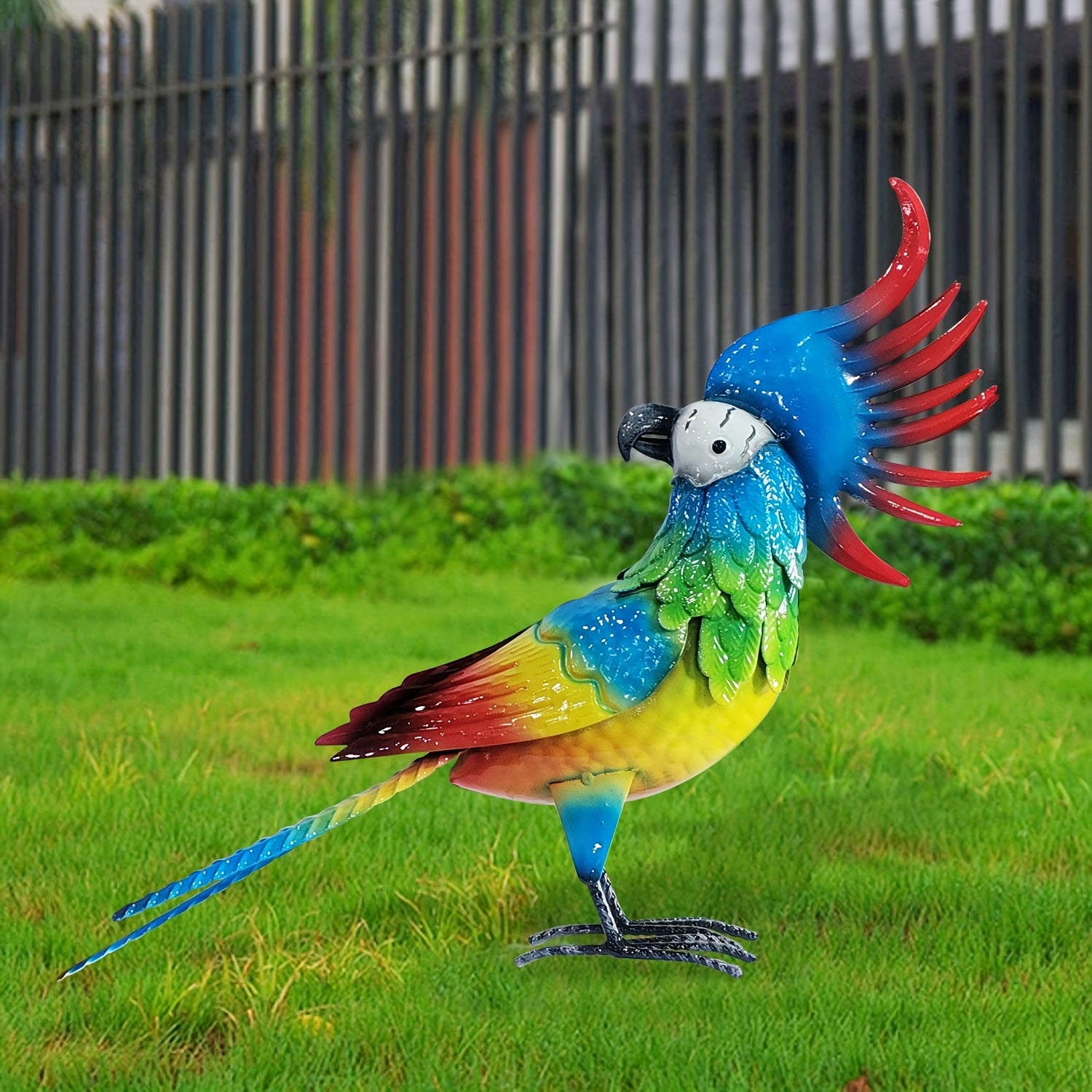 Large Outdoor Metal Garden Parrot Statue - Waterproof & Sunproof All-Weather Resistant Bird Decor with Vibrant Blue, Green, Yellow, Red, Orange, Black, White, Grey, Brown, Pink, Purple Feathers - Easy Mounting Hardware Includ House Of Avana