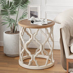 Farmhouse Rustic Round White End Table, Coffee Table, Distressed Tray Top Side Table With Curved Motif Frame Base House Of Avana