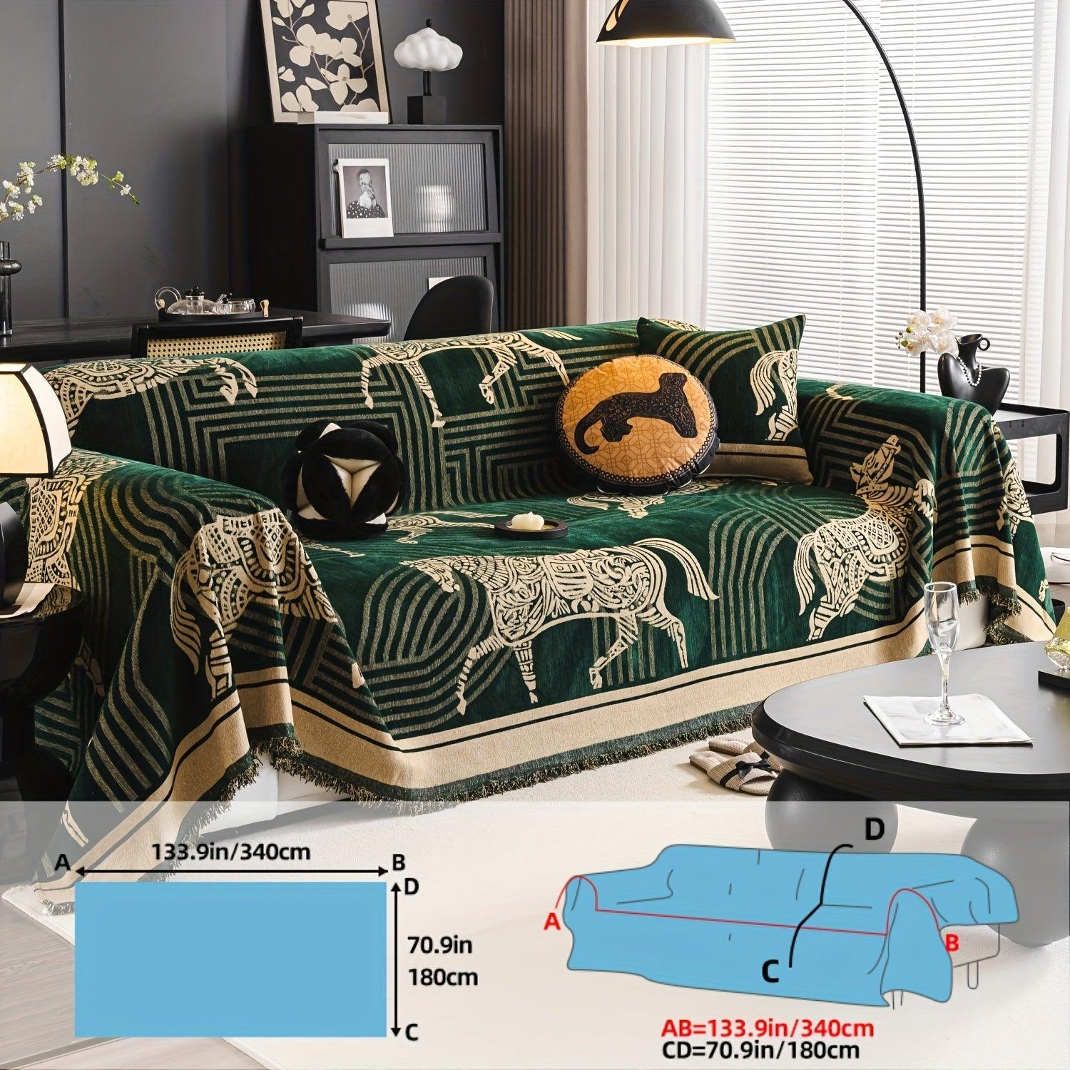 Luxurious Chenille Horse Design Sofa Cover Decor in Orange & Green topspet