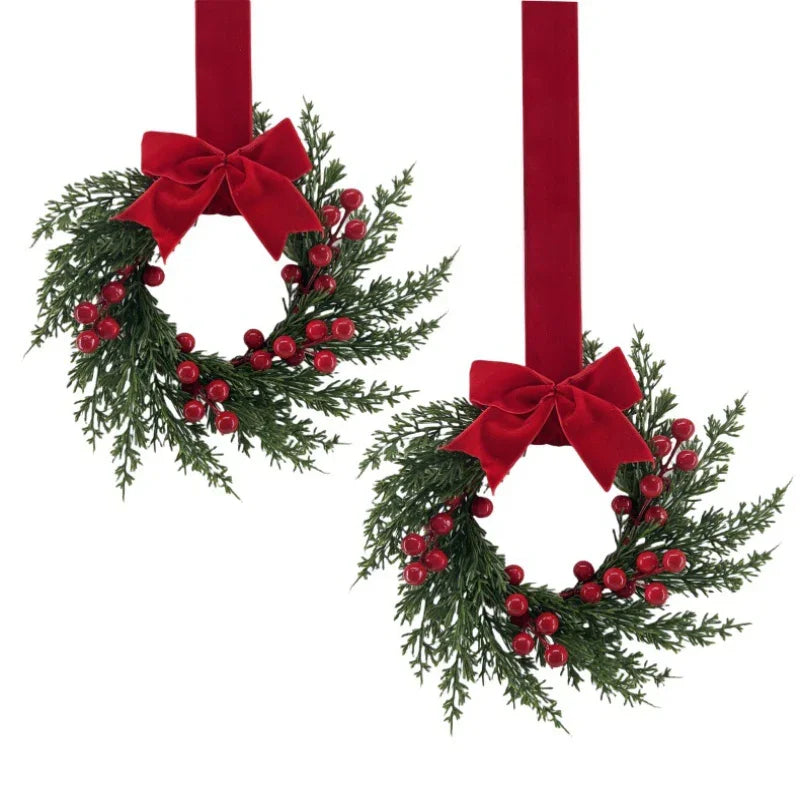 25.4 cm Artificial Faux Norfolk Pine Christmas Wreath with Red Berries, Burgundy Bow & Snow-Like Foliage - Pre-Decorated All-Weather /Outdoor Xmas Door Hanging Decoration, Easy to Install (No Maintenance) - Plastic Green Wrea House Of Avana