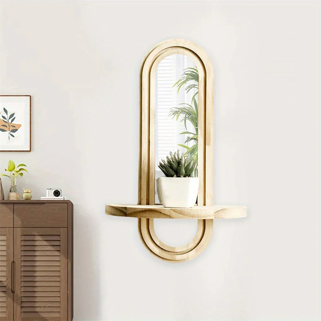 Bohemian Style Wall-Mounted Mirror Shelf with Oval Mirror - Space-Saving Storage Shelf with Decorative Top Shelf, Natural Wood Finish for Bathroom, Bedroom, Living Room - Space-Enhancing Home Decor Organizer, Easy Installatio House Of Avana