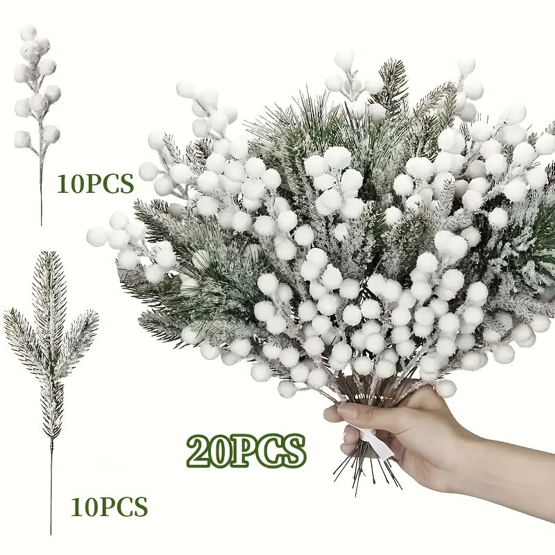 12/20pcs of Winter White Frost Artificial Berries And Cedar Branches - Perfect for Christmas Decorations, Suitable for DIY Wreaths/Christmas Trees, Home And Outdoor Festive Arrangements, Halloween, Thanksgiving. House Of Avana
