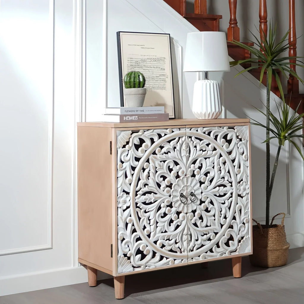 Rustic Wooden Carved Decorative Cabinet, Double Storage Organizer with Raised Panel Doors, Easy... - House Of Avana