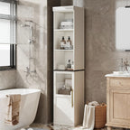 177.8cm Tall Narrow Bathroom Cabinet with Glass Door & Open Shelves - Freestanding Storage Organizer, Space-Saving Design for Small Spaces, Durable Wood & Particle Board Construction, Mixed Color Finish, 3, 2 Cu Ft Capacity, House Of Avana