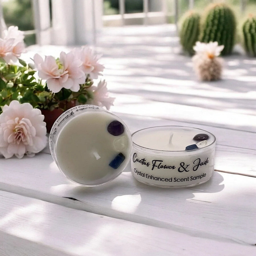 Cactus Flower and Jade, Premium Coconut-soy Wax Tea Light Crystal Candle, 1oz, front view - House Of Avana