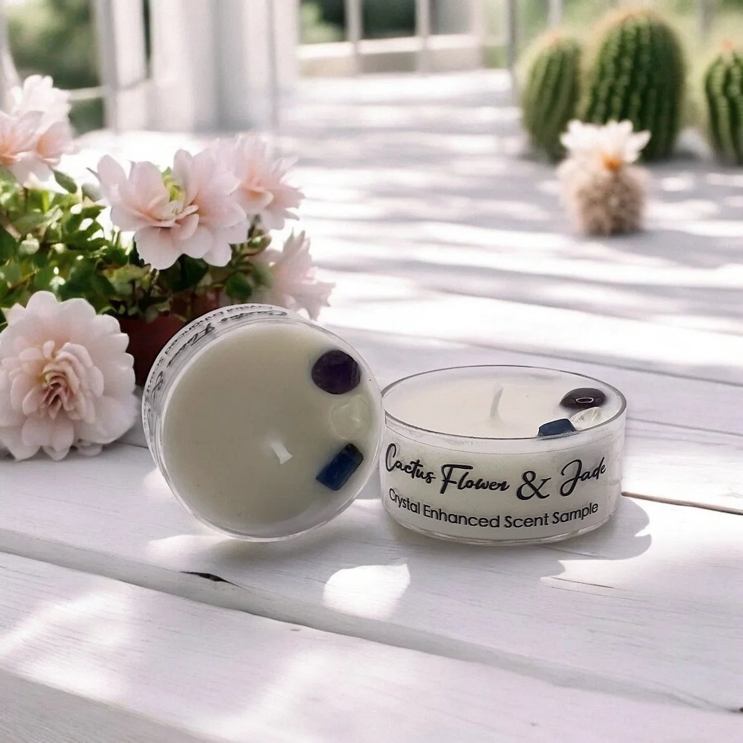 Cactus Flower and Jade, Premium Coconut-soy Wax Tea Light Crystal Candle, 1oz, front view - House Of Avana