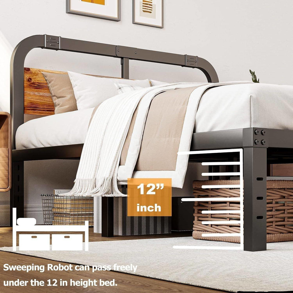 California King Heavy Duty Black Metal Bed Frame with Wood Panel Headboard
