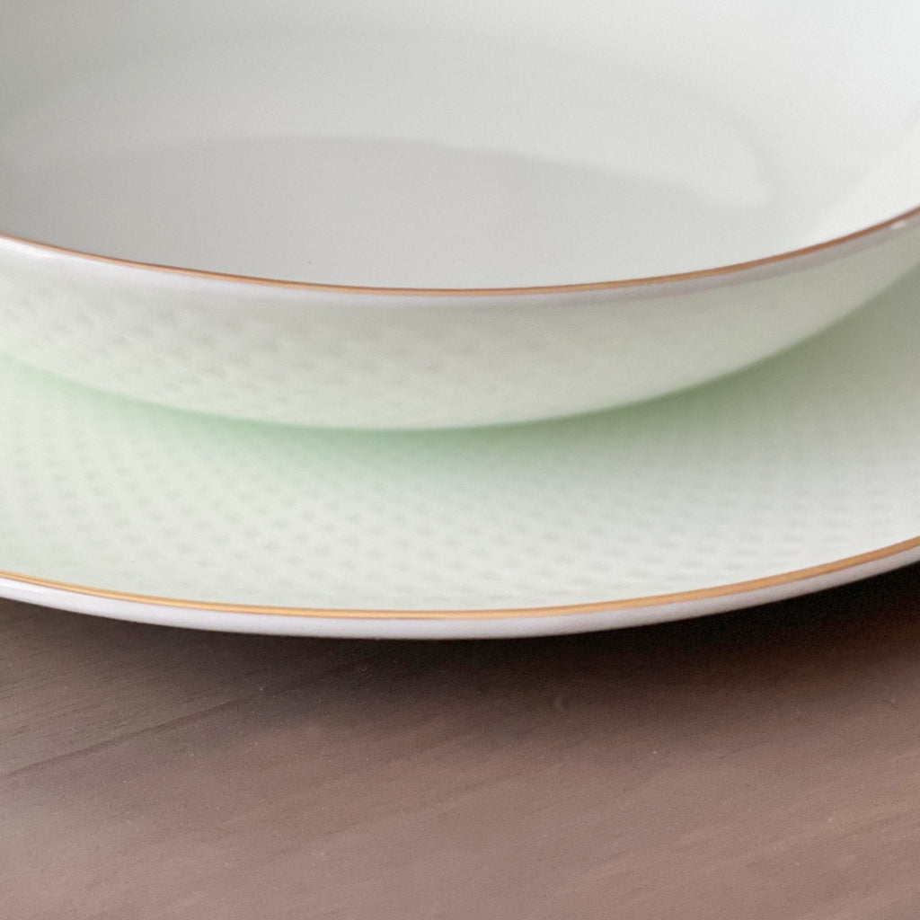 Camille Bone China Dinnerware Set - White/Pistachio Tea + Linen