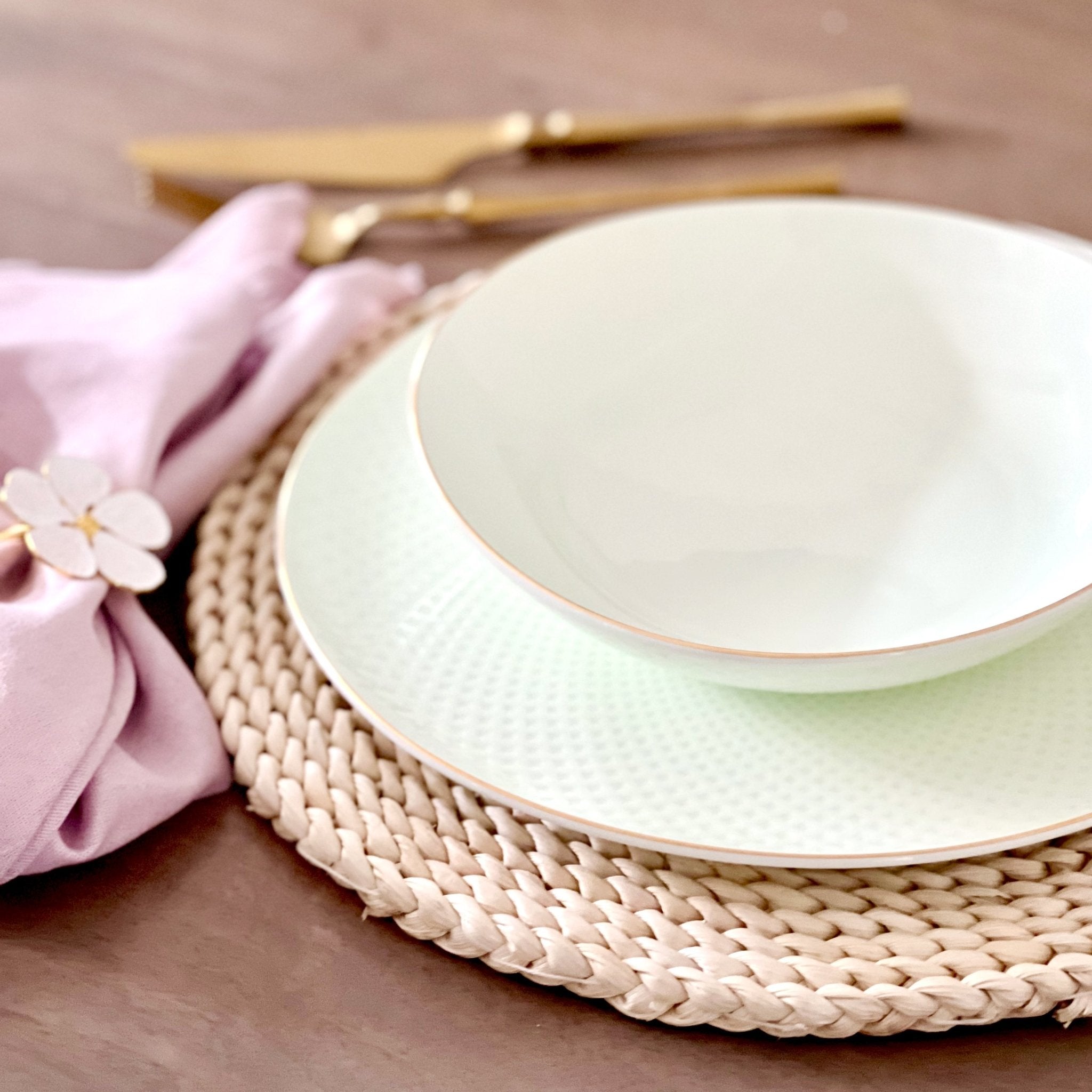 Camille Bone China Dinnerware Set - White/Pistachio Tea + Linen