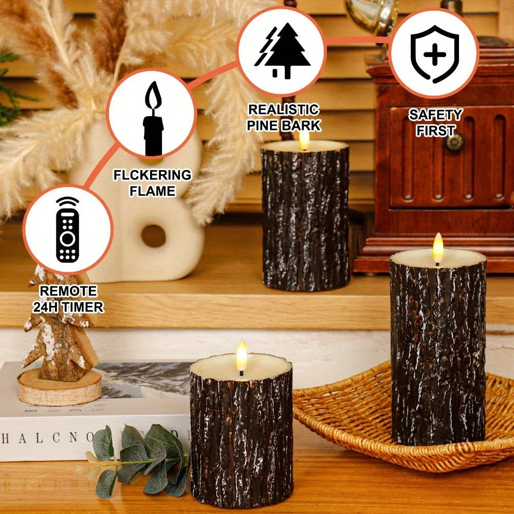 S Pack Pine Bark Flameless Led Candle with Remote Control and Timer, for Christmas, Halloween, Wedding,... - House Of Avana