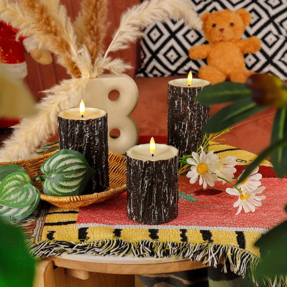S Pack Pine Bark Flameless Led Candle with Remote Control and Timer, for Christmas, Halloween, Wedding,... - House Of Avana
