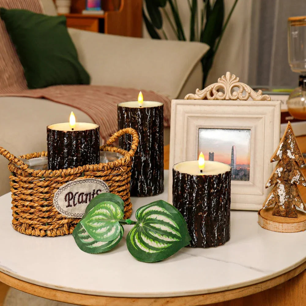 S Pack Pine Bark Flameless Led Candle with Remote Control and Timer, for Christmas, Halloween, Wedding,... - House Of Avana