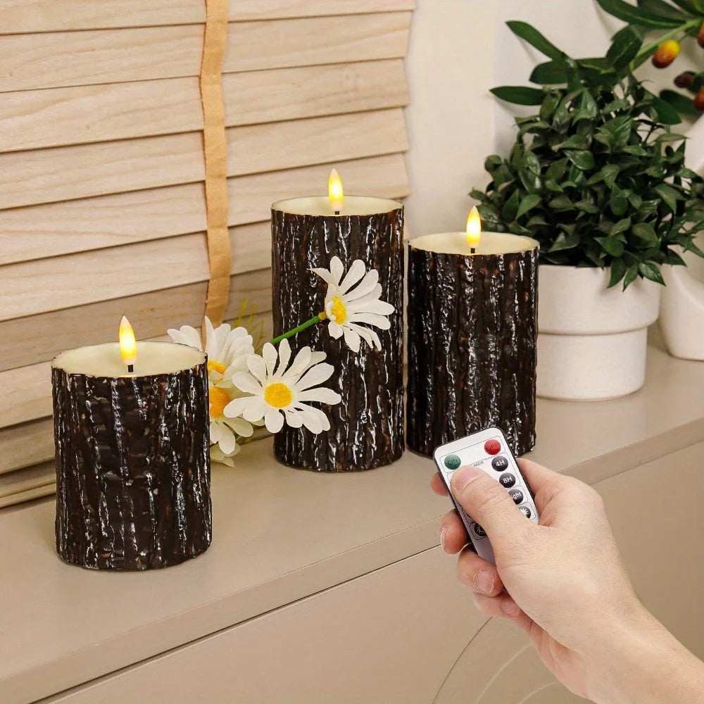 S Pack Pine Bark Flameless Led Candle with Remote Control and Timer, for Christmas, Halloween, Wedding,... - House Of Avana