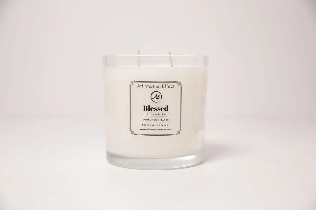 Egyptian Amber "blessed" Affirmation Candle - 17.5 Oz, front view - House Of Avana