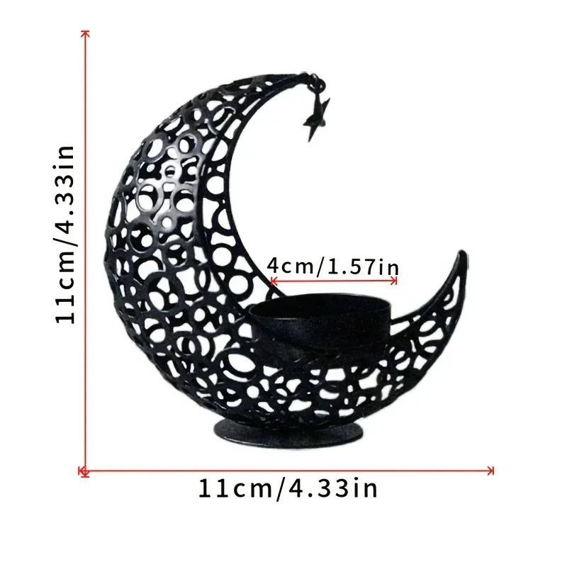 Black metal moon-shaped candle holder with dimensions on a white background