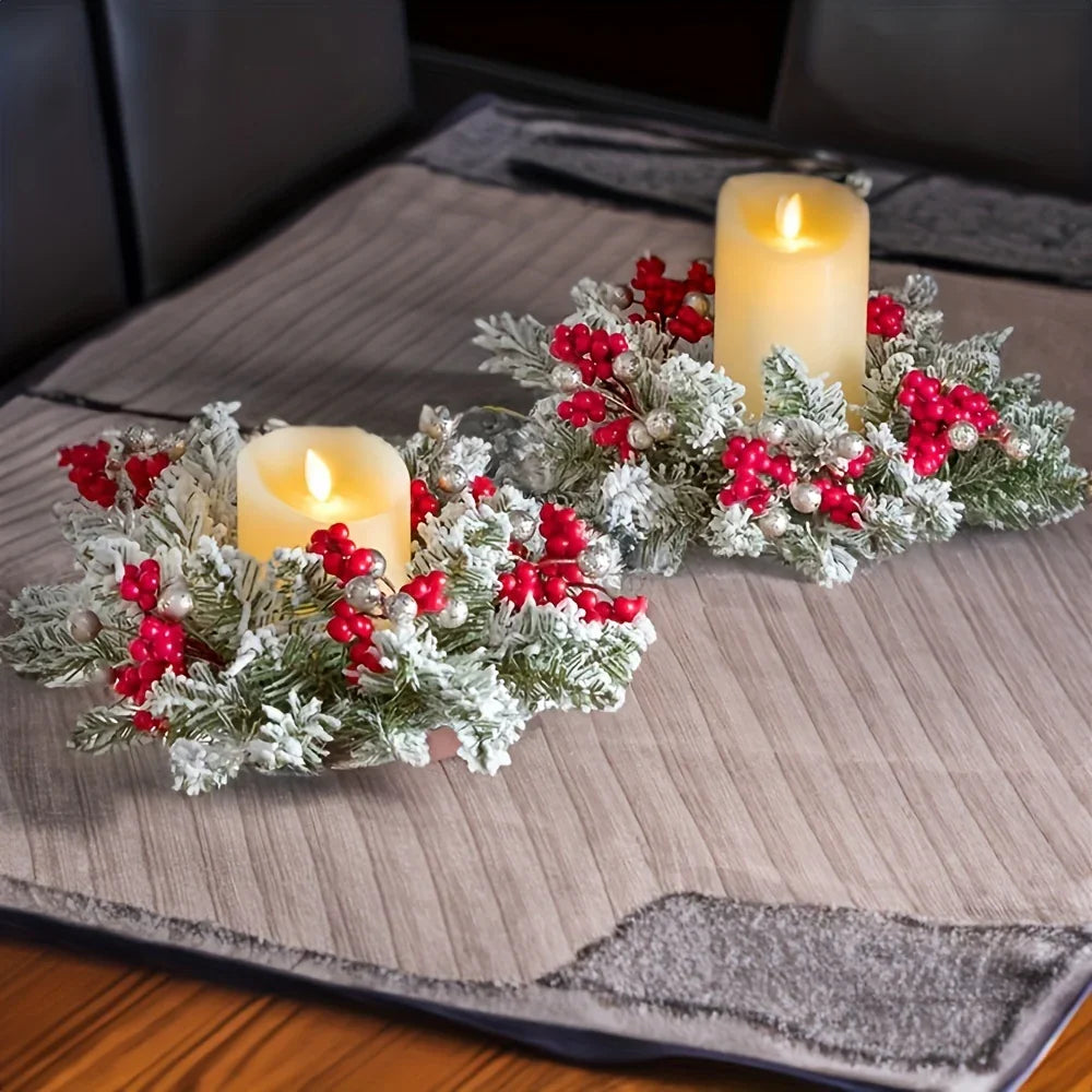 Plastic Christmas Wreath Candle Holder with Holly and Berries, side view - House Of Avana