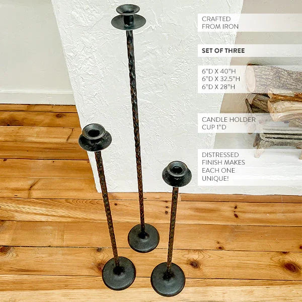 Tall Hand-Forged Cast Iron Floor Candle Holders, Set of 3 Decor Steals