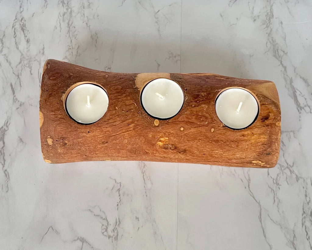 Olive Wood Candle Holder, angled view - House Of Avana
