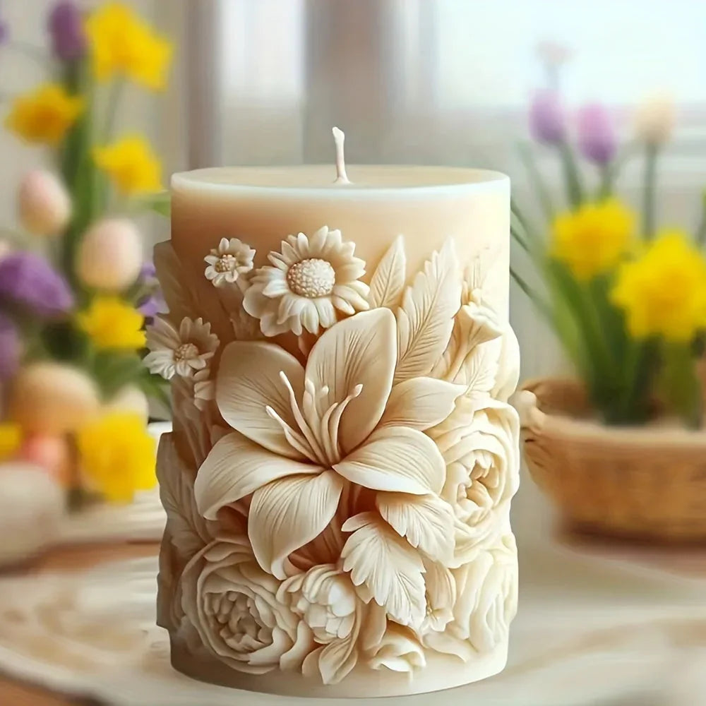 Candle Mold - Ceramic Floral Pillar, front view - House Of Avana [[SKU:HOA-CAN-010]]