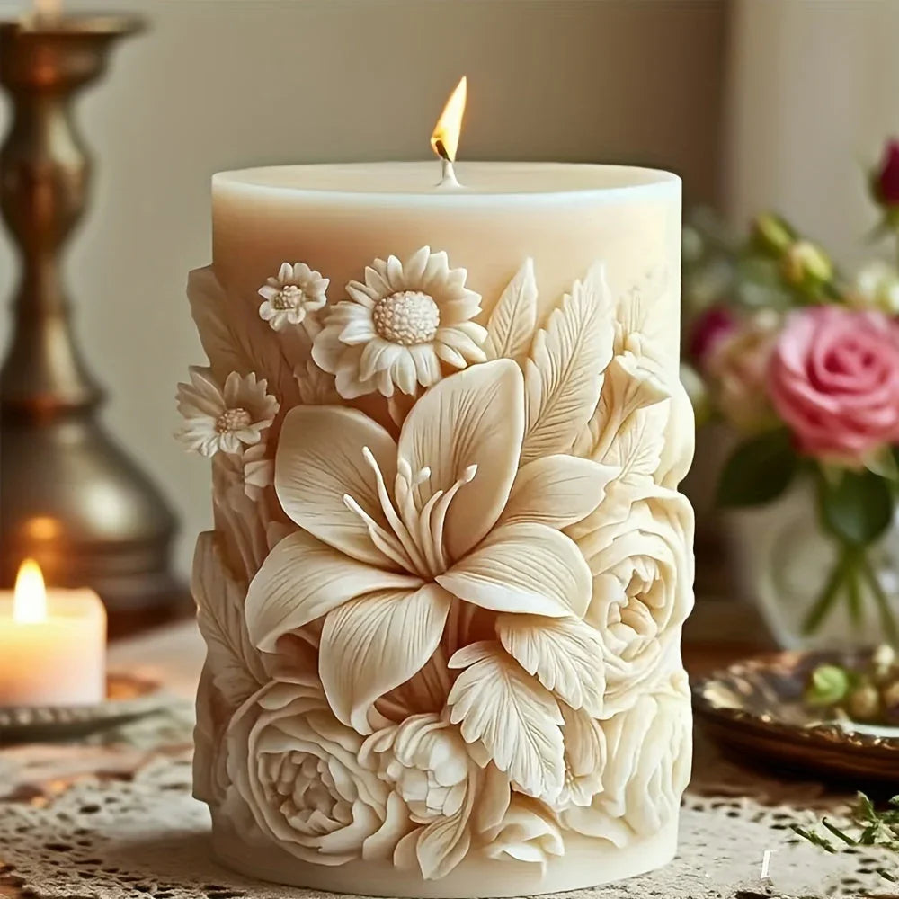 Candle Mold - Ceramic Floral Pillar, back view - House Of Avana [[SKU:HOA-CAN-010]]