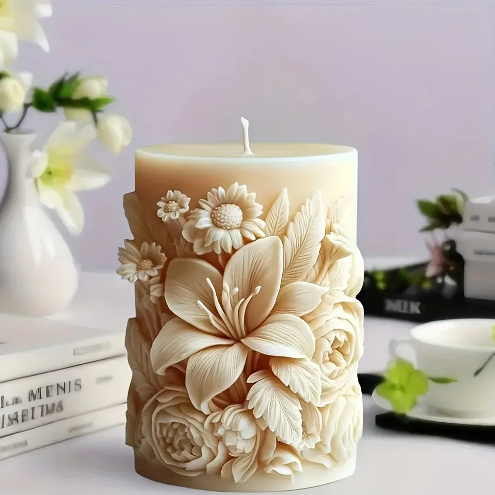 Candle Mold - Ceramic Floral Pillar, lifestyle image - House Of Avana [[SKU:HOA-CAN-010]]