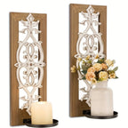 Candle Sconces - Rustic Wood Brown Wall, front view - House Of Avana [[SKU:HOA-CAN-032]]