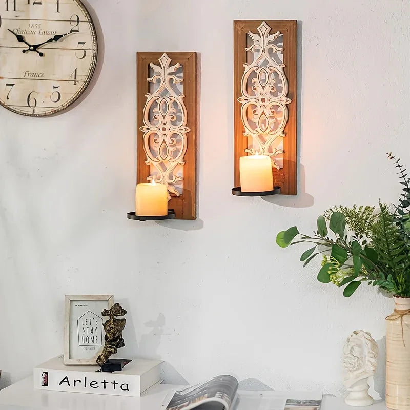 Candle Sconces - Rustic Wood Brown Wall, side view - House Of Avana [[SKU:HOA-CAN-032]]