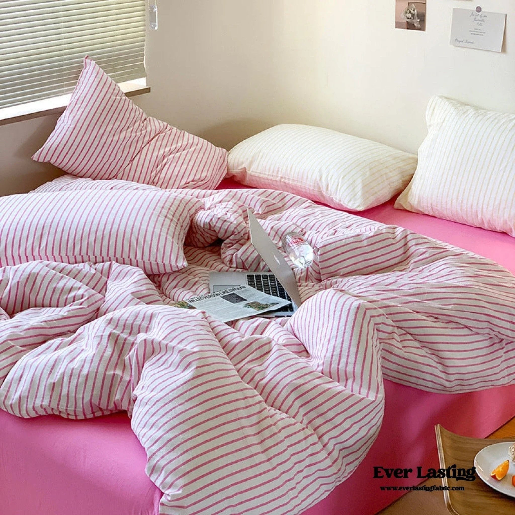 Candy Stripe Washed Cotton Bedding Set / Pink Ever Lasting
