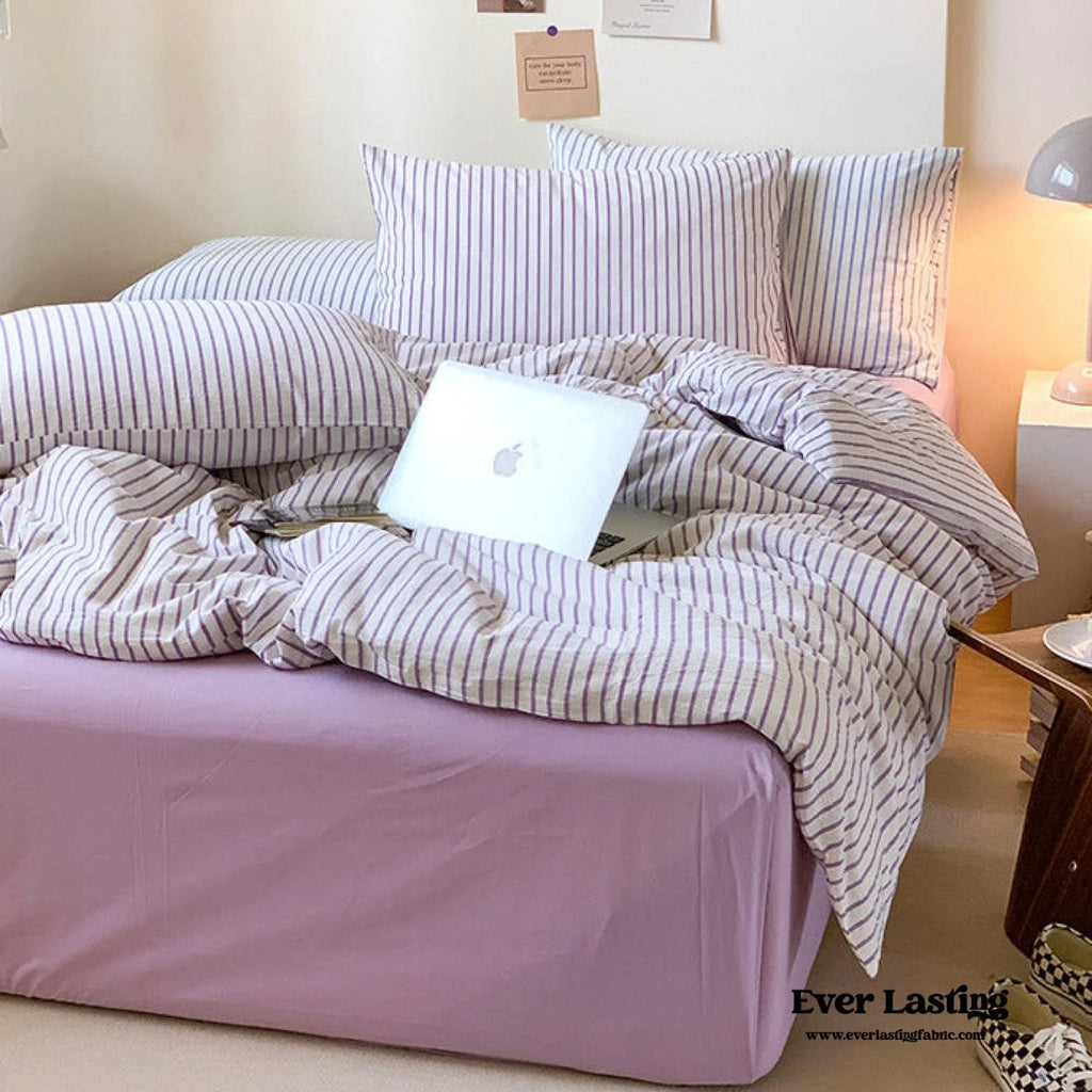 Candy Stripe Washed Cotton Bedding Set / Purple Ever Lasting
